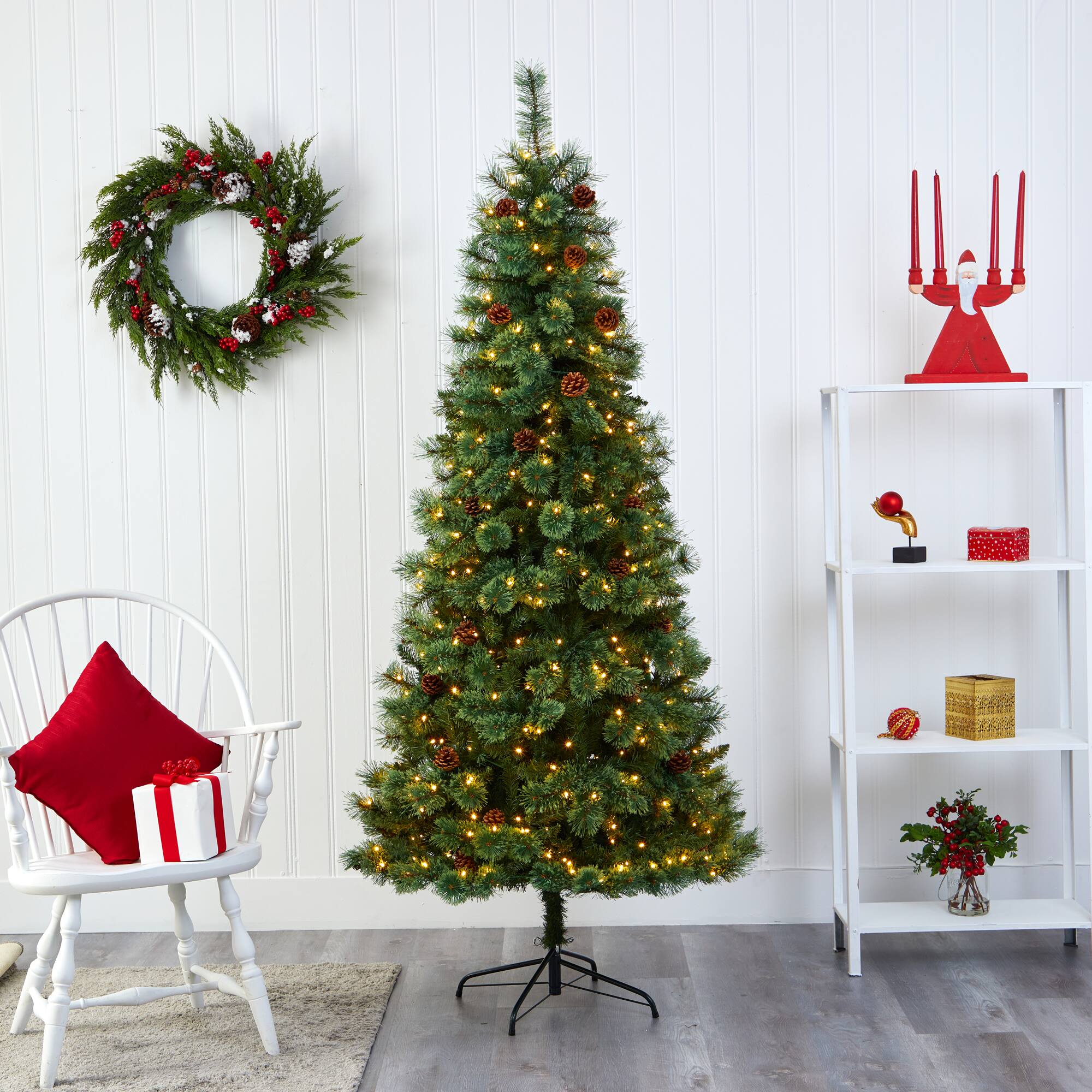 7ft. Pre-Lit White Mountain Pine & Pinecones Artificial Christmas Tree with Clear LED Lights